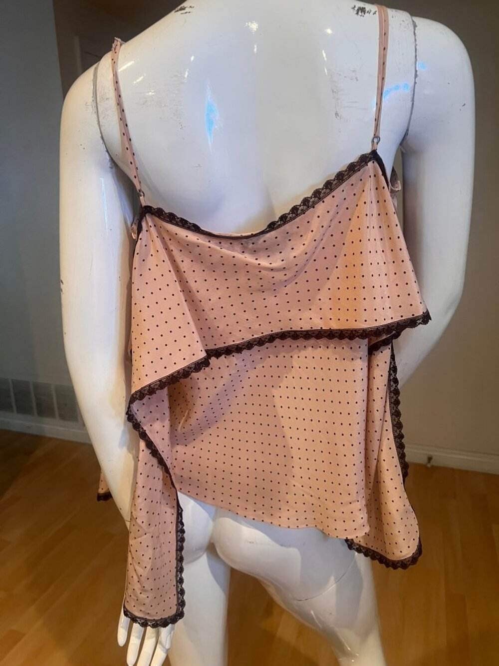 Y2K VINTAGE BCBG MAXAZRIA DRAP SPAGHETTI STRAP BLOUSE TOP SILK SZ L LARGE DOT - Picture 3 of 4